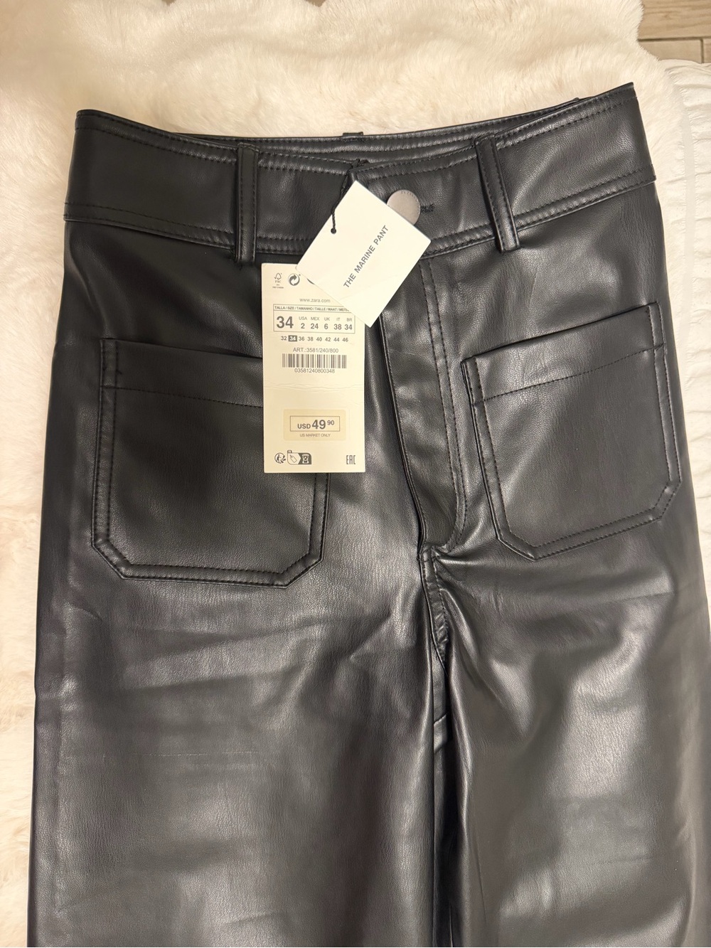 Zara High-Rise Black Faux Leather Marine pant